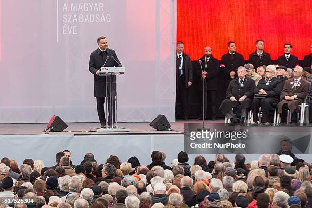 President of Poland Andrzej Duda during the 60th anniversary of Hungarian Revolution of 1956 at Kossuth Lajos square in Budapest, Hungary on 23...