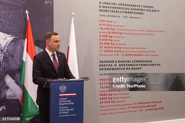 President of Poland Andrzej Duda during the inauguration of the exhibition of the 1956 Hungarian Revolution at Polish Institute in Budapest, Hungary...