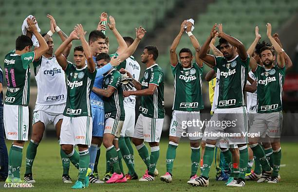 The team of Palmeiras celebrates after winning the match between Palmeiras and Sport Recife for the Brazilian Series A 2016 at Allianz Parque on...