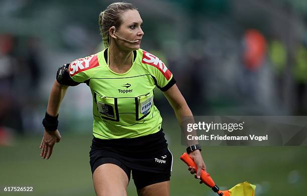 Referee Assistant Nadine Schramm Camara Bastos looks on during the match between Palmeiras and Sport Recife for the Brazilian Series A 2016 at...