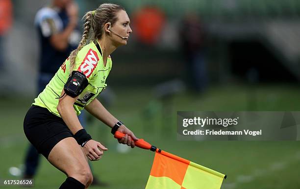 Referee Assistant Nadine Schramm Camara Bastos looks on during the match between Palmeiras and Sport Recife for the Brazilian Series A 2016 at...