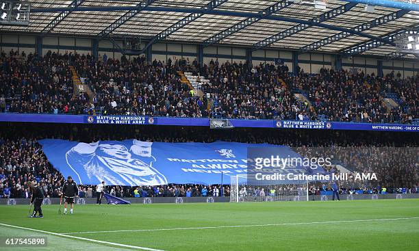 Giant banner with the image of former Chelsea vice chairman Matthew Harding to commemorate the 20 year anniversary of his death during the Premier...