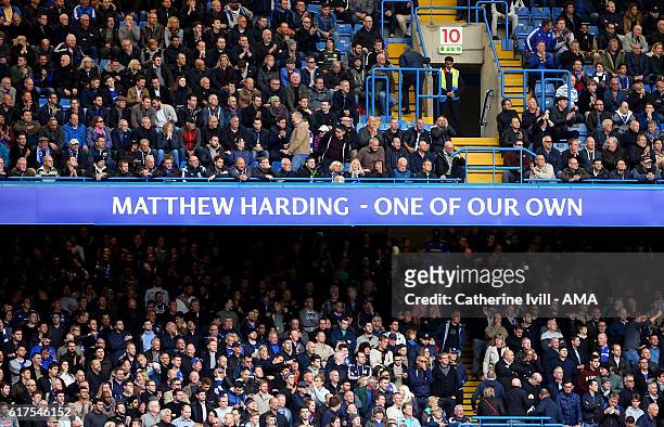 Fans sit in The Matthew Harding stand during the Premier League match between Chelsea and Manchester United at Stamford Bridge on October 23, 2016 in...