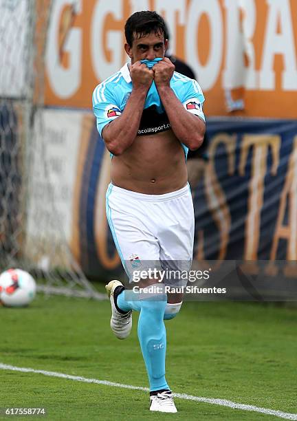 Diego Ifran of Sporting Cristal celebrates after scoring the third goal of his team during a match between Sporting Cristal and Cesar Vallejo as part...