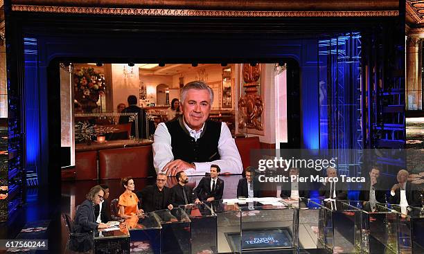 Carlo Ancelotti on video link attends 'Che Tempo Che Fa' tv show on October 23, 2016 in Milan, Italy.