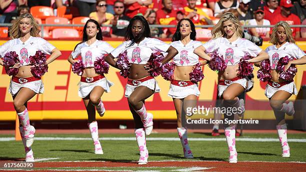 Kansas City Chiefs Cheerleaders perform during a week 7 NFL game between the New Orleans Saints and Kansas City Chiefs at Arrowhead Stadium in Kansas...