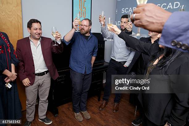 Scott Feinberg, Keith Maitland, Ezra Edelman, Richard Ladkani and Barbara Kopple speak backstage during the Docs to Watch Panel during the 19th...