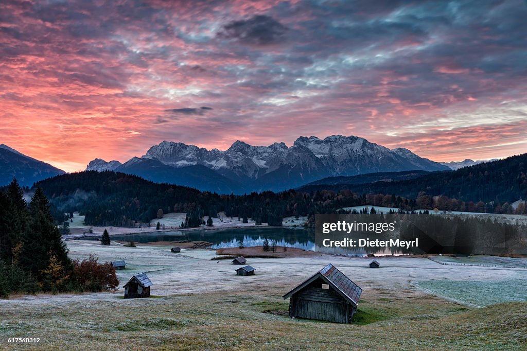 Sunrise at mountain lake in Alpen-Geroldssee