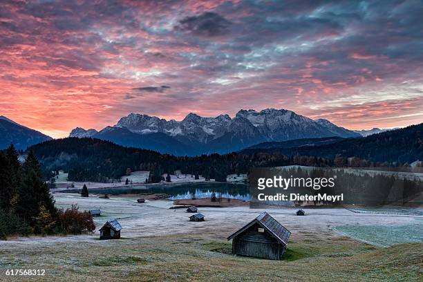 sunrise at mountain lake in alps - geroldssee - karwendel mountains stock pictures, royalty-free photos & images
