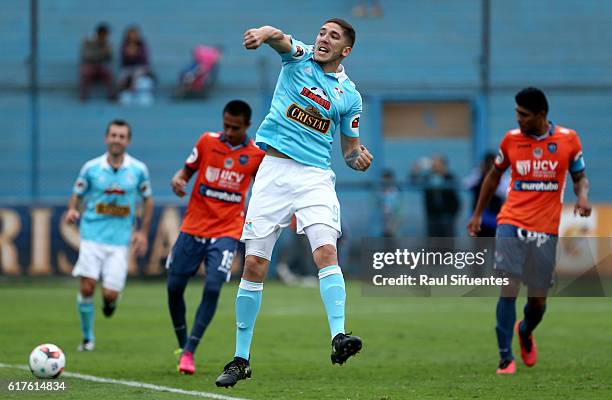 Santiago Silva of Sporting Cristal celebrates after scoring the seventh goal of his team during a match between Sporting Cristal and Cesar Vallejo as...