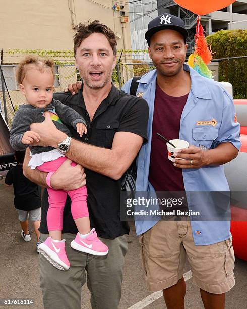 Actor Zach Braff and actor Donald Faison attend Elizabeth Glaser Pediatric Aids Foundation "A Time For Heroes" Family Festival at Smashbox Studios on...