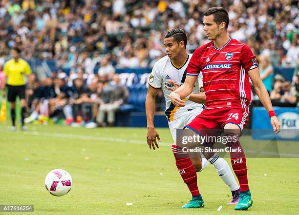 Atiba Harris of FC Dallas passes the ball during Los Angeles Galaxy's MLS match against FC Dallas at the StubHub Center on October 23, 2016 in...