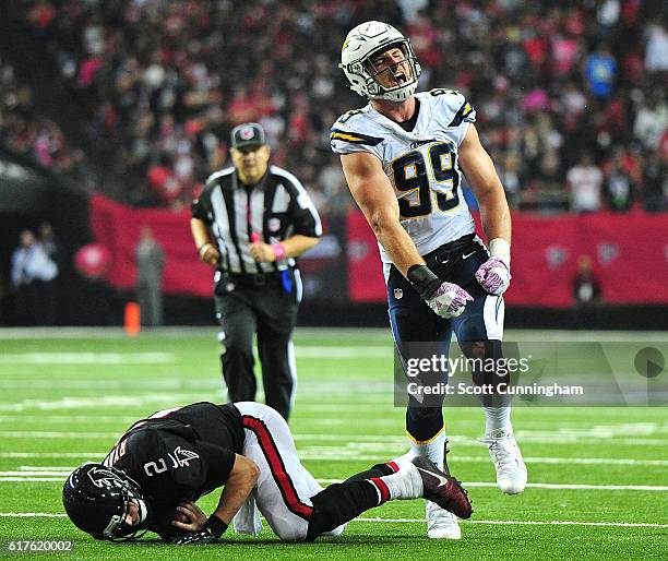 Joey Bosa of the San Diego Chargers sacks Matt Ryan of the Atlanta Falcons at the Georgia Dome on October 23, 2016 in Atlanta, Georgia.