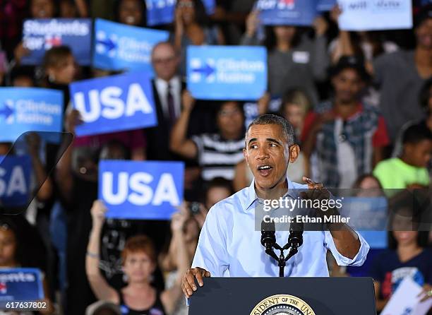 President Barack Obama speaks during a campaign rally for Democratic presidential nominee Hillary Clinton at Cheyenne High School on October 23, 2016...