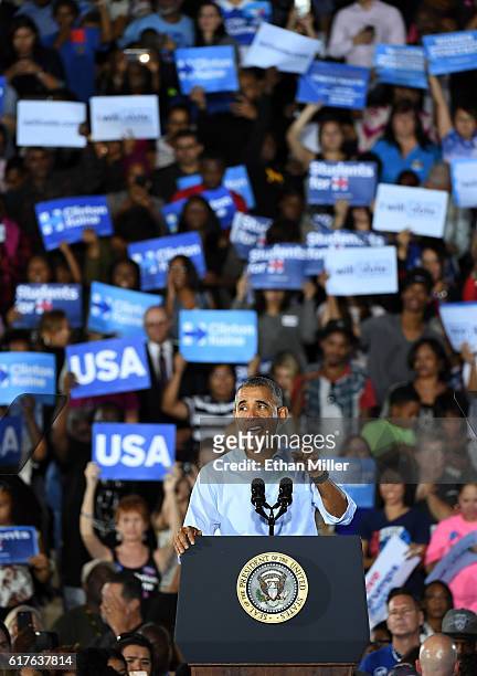 President Barack Obama speaks during a campaign rally for Democratic presidential nominee Hillary Clinton at Cheyenne High School on October 23, 2016...
