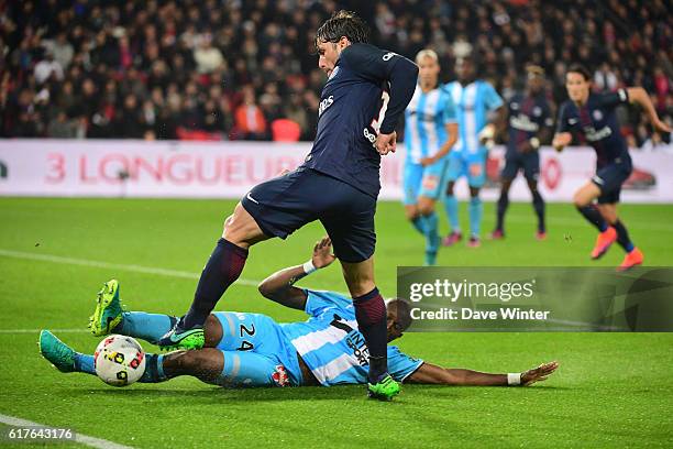 Sherrer Maxwell of PSG and Rod Fanni of Marseille during the Ligue 1 match between Paris Saint Germain and Marseille at Parc des Princes on October...