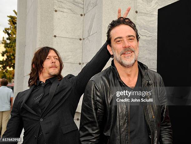 Actors Norman Reedus and Jeffrey Dean Morgan attend AMC presents "Talking Dead Live" for the premiere of "The Walking Dead" at Hollywood Forever on...