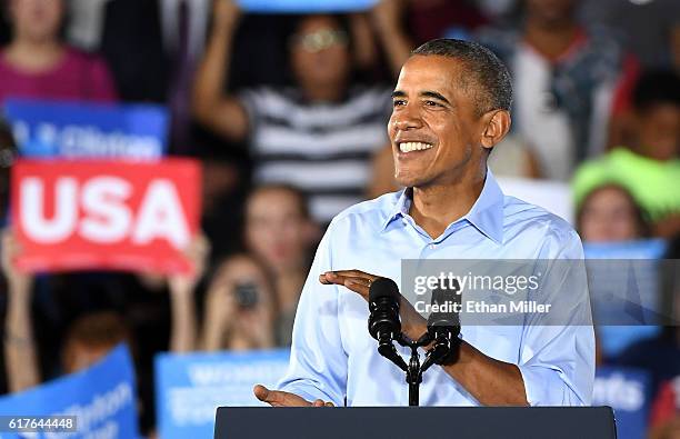 President Barack Obama speaks during a campaign rally for Democratic presidential nominee Hillary Clinton at Cheyenne High School on October 23, 2016...