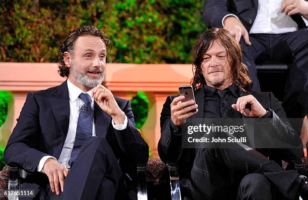 Actors Andrew Lincoln and Norman Reedus speak onstage during AMC presents "Talking Dead Live" for the premiere of "The Walking Dead" at Hollywood...