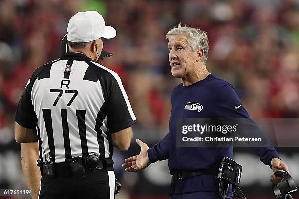 Head coach Pete Carroll of the Seattle Seahawks reacts to referee Terry McAulay during the second half of the NFL game against the Arizona Cardinals...