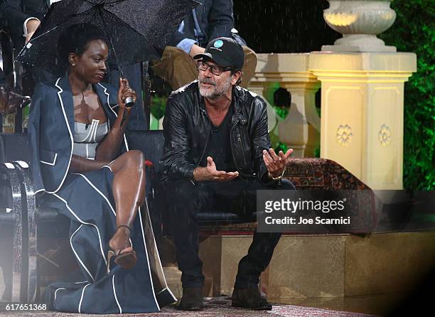 Actors Danai Gurira and Jeffrey Dean Morgan speak onstage during AMC presents "Talking Dead Live" for the premiere of "The Walking Dead" at Hollywood...