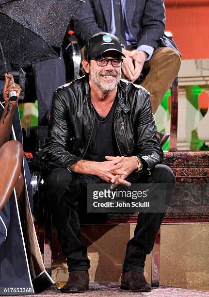 Actor Jeffrey Dean Morgan speaks onstage during AMC presents "Talking Dead Live" for the premiere of "The Walking Dead" at Hollywood Forever on...