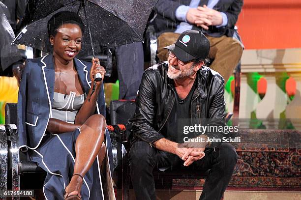 Actors Danai Gurira and Jeffrey Dean Morgan speak onstage during AMC presents "Talking Dead Live" for the premiere of "The Walking Dead" at Hollywood...