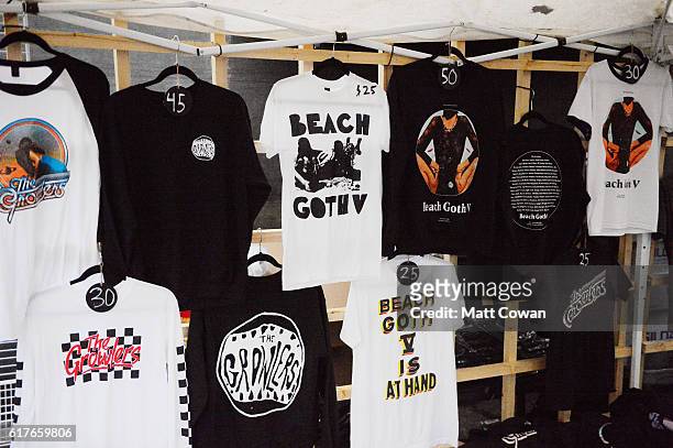 The Growlers band merchandise and Beach Goth V shirts displayed at the Beach Goth Music Festival at the Observatory on October 23, 2016 in Santa Ana,...