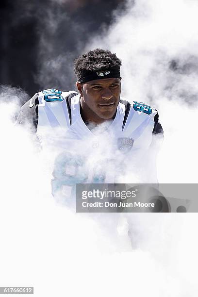 Tight End Julius Thomas of the Jacksonville Jaguars enters the field during the team's intro before the game against the Oakland Raiders at EverBank...