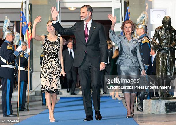Queen Sofia, King Felipe VI of Spain and Queen Letizia of Spain attend the Princesa de Asturias Awards 2016 ceremony at the Campoamor Theater on...