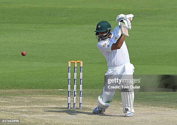 Azhar Ali of Pakistan bats during Day Four of the Second Test between Pakistan and West Indies at Zayed Cricket Stadium on October 24, 2016 in Abu...