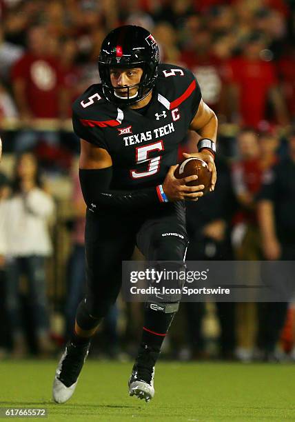 Texas Tech University quarterback Patrick Mahomes II carries the ball during the Texas Tech University Red Raider's 66-59 loss to the Oklahoma...