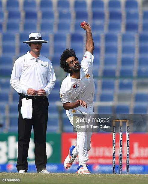 Rahat Ali of Pakistan bowls during Day Four of the Second Test between Pakistan and West Indies at Zayed Cricket Stadium on October 24, 2016 in Abu...