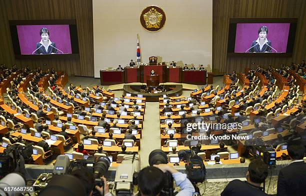 South Korean President Park Geun Hye addresses the National Assembly, the country's parliament, in Seoul on Oct. 24, 2016. Park called for a...