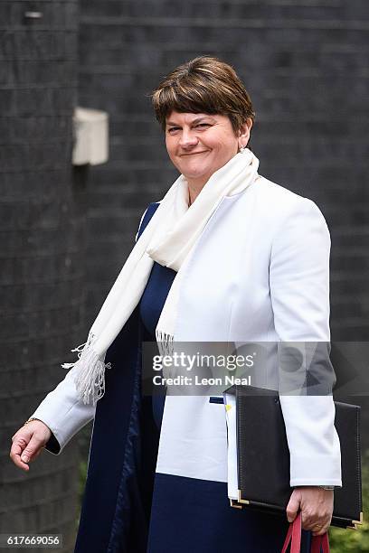 First Minister of Northern Ireland Arlene Foster arrives ahead of a meeting between British Prime Minister Theresa May and the leaders of the three...