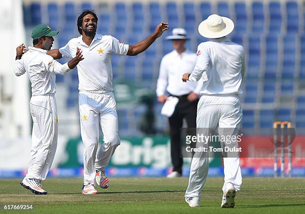 Rahat Ali of Pakistan celebrates taking the wicket of Darren Bravo of West Indies during Day Four of the Second Test between Pakistan and West Indies...