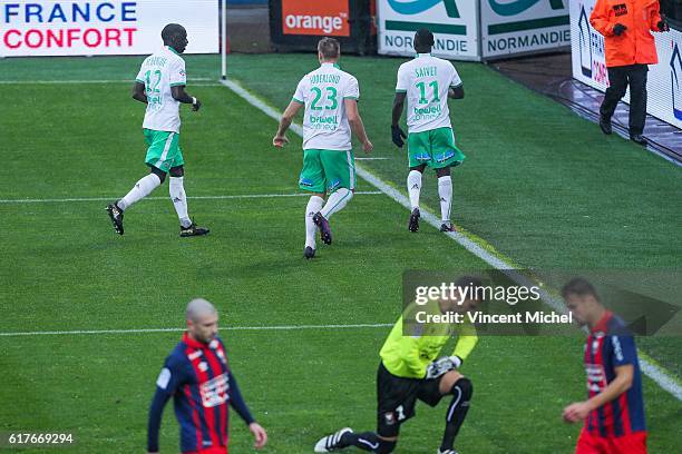 Henri Saivet of Saint-Etienne jubilates as he scores the first goal during the Ligue 1 match between SM Caen and AS Saint-Etienne at Stade Michel...
