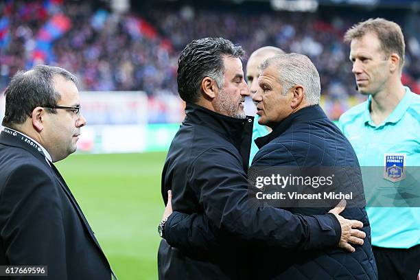 Patrice Garande, head coach of Caen and Christophe Galtier, head coach of Saint-Etienne during the Ligue 1 match between SM Caen and AS Saint-Etienne...