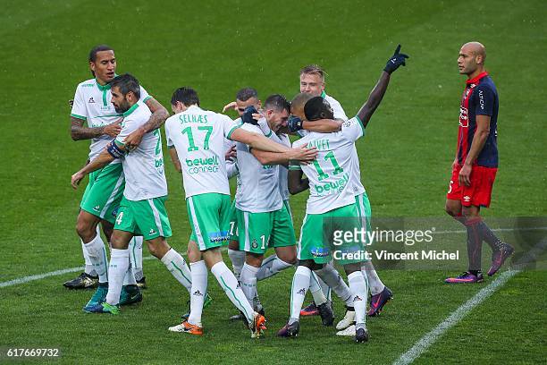 Jordan Veretout of Saint-Etienne jubilates with teammates after scoring the second goal during the Ligue 1 match between SM Caen and AS Saint-Etienne...