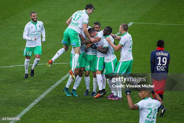 Jordan Veretout of Saint-Etienne jubilates with teammates after scoring the second goal during the Ligue 1 match between SM Caen and AS Saint-Etienne...