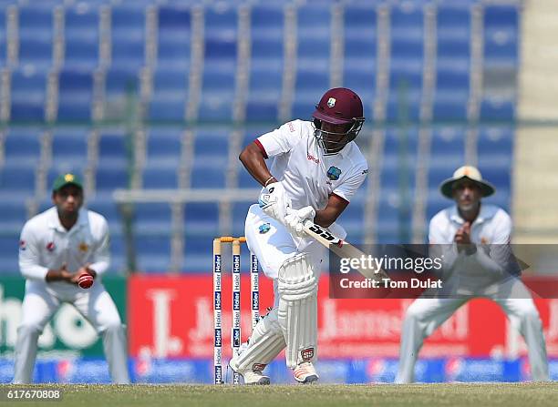 Leon Johnson of West Indies bats during Day Four of the Second Test between Pakistan and West Indies at Zayed Cricket Stadium on October 24, 2016 in...