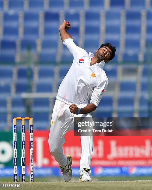 Sohail Khan of Pakistan bowls during Day Four of the Second Test between Pakistan and West Indies at Zayed Cricket Stadium on October 24, 2016 in Abu...