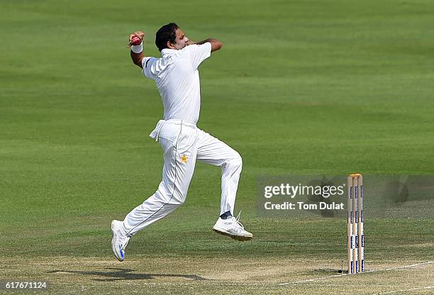 Zulfiqar Babar of Pakistan bowls during Day Four of the Second Test between Pakistan and West Indies at Zayed Cricket Stadium on October 24, 2016 in...