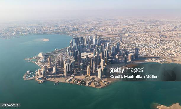 aerial image of west bay, doha, qatar - qatar stock pictures, royalty-free photos & images