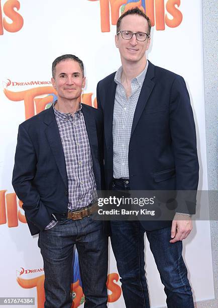 Producers Jonathan Aibel and Glenn Berger attend the premiere of 20th Century Fox's 'Trolls' at Regency Village Theatre on October 23, 2016 in...