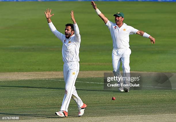 Mohammad Nawaz of Pakistan celebrates taking the wicket of Kraigg Brathwaite of West Indies during Day Four of the Second Test between Pakistan and...