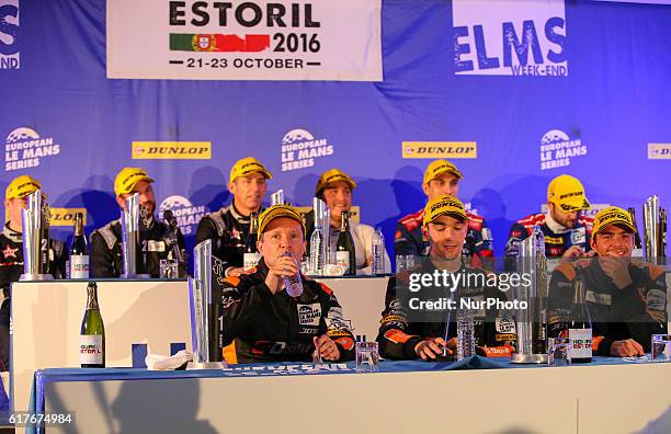 Press conference with Simon Dolan and Harry Tincknell and Giedo Van Der Garde after wining the European Le Mans Series Estoril at Autodromo do...