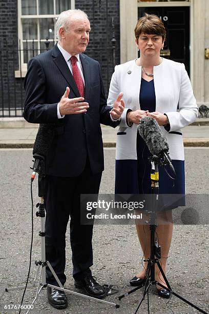 Deputy First Minister of Northern Ireland Martin McGuinness and First Minister of Northern Ireland Arlene Foster speak to journalists after a meeting...