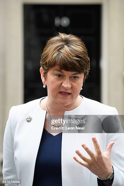 First Minister of Northern Ireland Arlene Foster speaks to journalists after a meeting between British Prime Minister Theresa May and the leaders of...