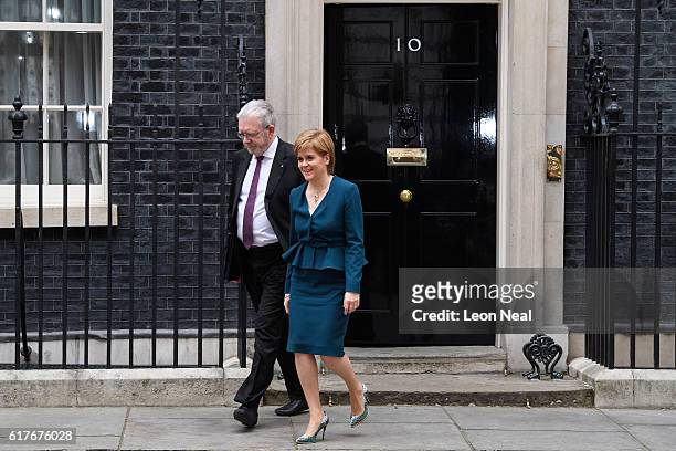 Scottish First Minister Nicola Sturgeon leaves after a meeting between British Prime Minister Theresa May and the leaders of the three devolved...